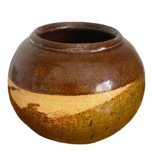 Hand Made Indoor Planter Flower Pot Brown Drip Glaze Studio Pottery MCM